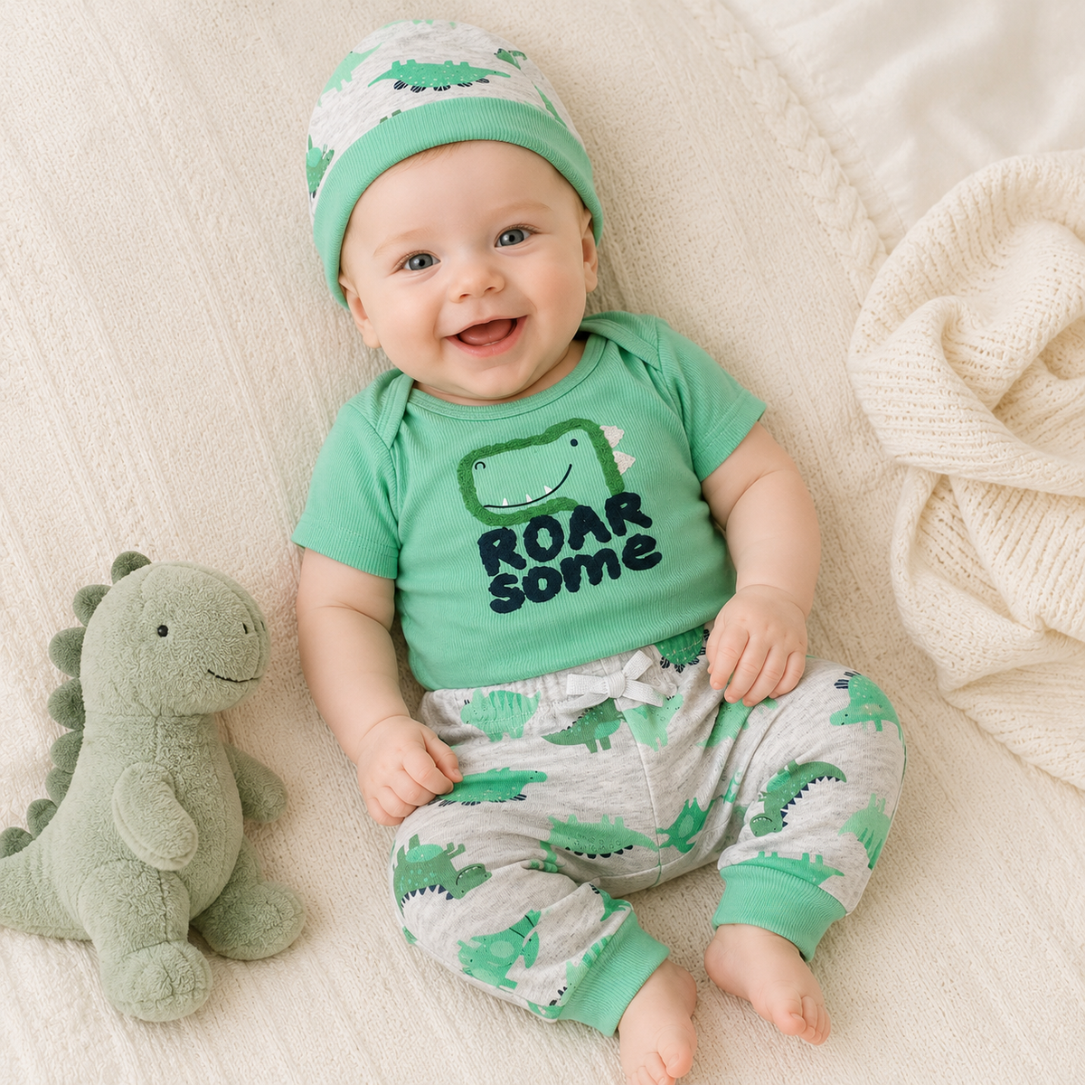 Baby 3pcs Roar Some Chenille Applique Bodysuit Hat Pants Set