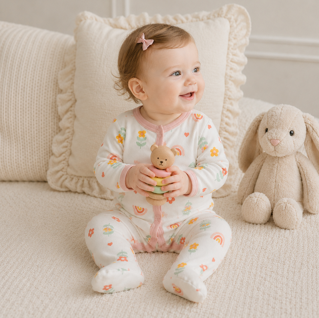 Rainbow Daisy Flowers Pattern Zipper Footie Pajamas Romper