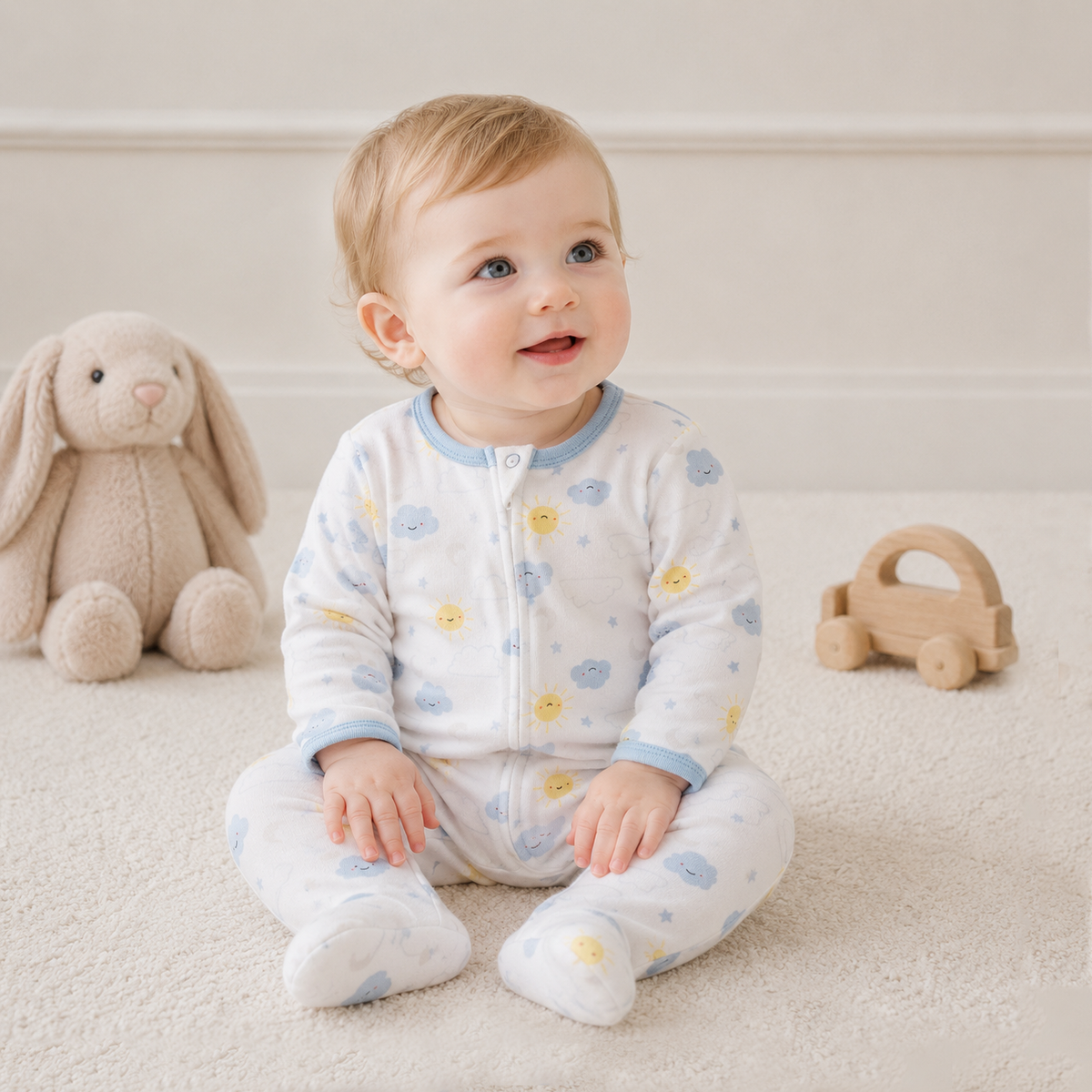 Cloud Sun Star Moon Pattern Zipper Footie Pajamas Romper