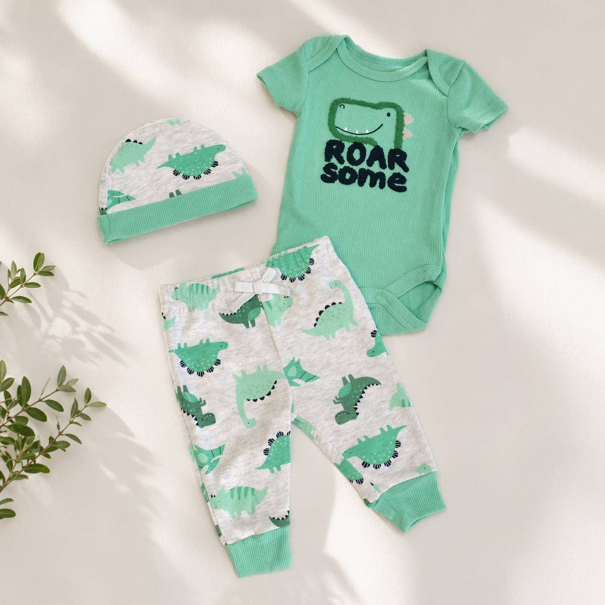Baby 3pcs Roar Some Chenille Applique Bodysuit Hat Pants Set