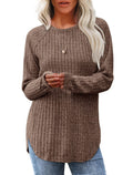 Solid Ribbed Knit Tunic Top Curved Hem Long Sleeve