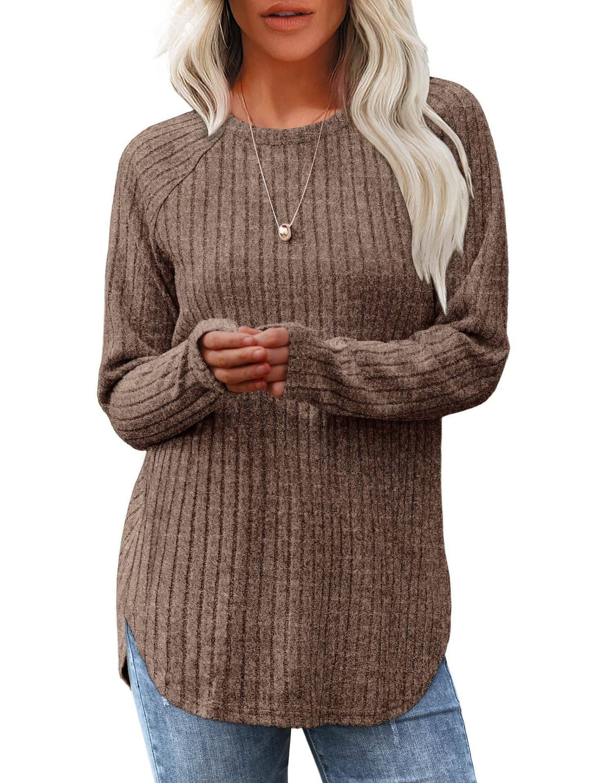 Solid Ribbed Knit Tunic Top Curved Hem Long Sleeve