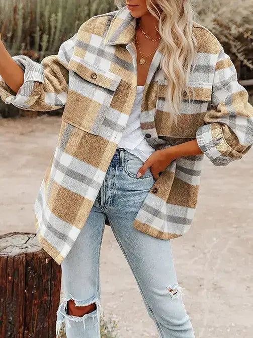 Plaid Wool Blend Shacket Casual Oversized Button Jacket