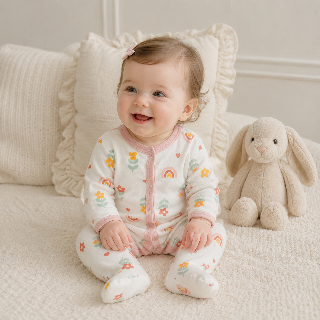 Rainbow Daisy Flowers Pattern Zipper Footie Pajamas Romper