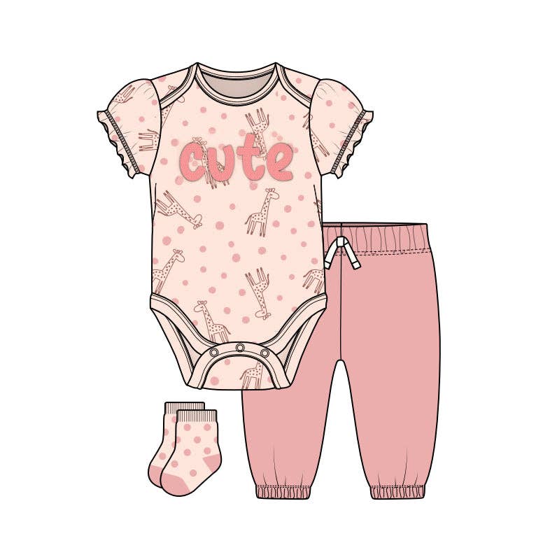 Baby 3pcs Cute Chenille Applique Bodysuit Socks Pants Set
